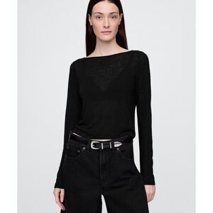 GAP Women's Linen Blend Boatneck Crop Black Long Sleeve Tee Sz Medium *BRAND NEW